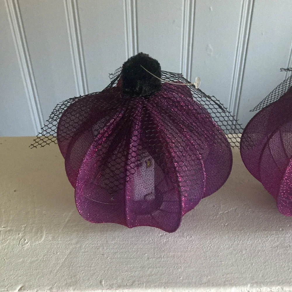 NWT- 2- Elegant Purple Lace Covered Light Up LED Halloween Pumpkin Decorations